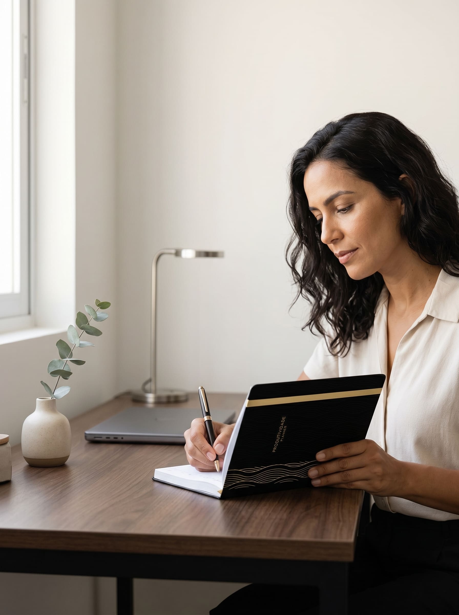 Mulher escrevendo no Produtividade Planner em uma mesa de trabalho